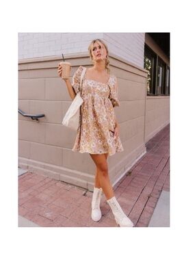 Storia Beige Floral Square-Neck Mini Dress